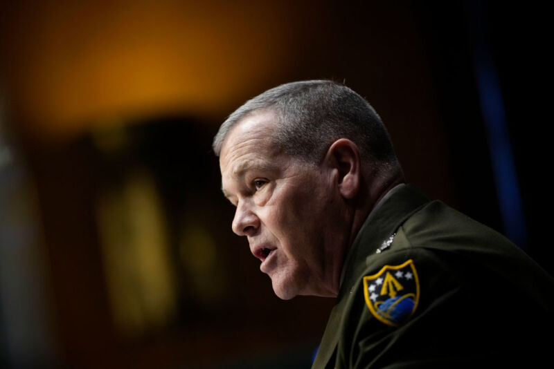 Commander of US Space Command General James Dickinson testifies during a Senate Armed Services Committee hearing March 8, 2022, in Washington, DC.