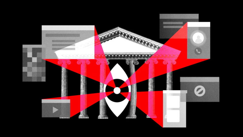 Illustration showing a courthouse and surveillance icons